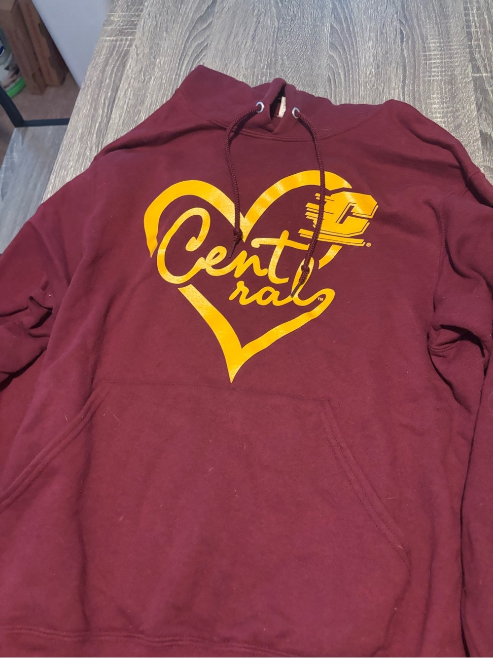 Jerzees Maroon Crewneck Hoodie with Yellow Central Heart Logo